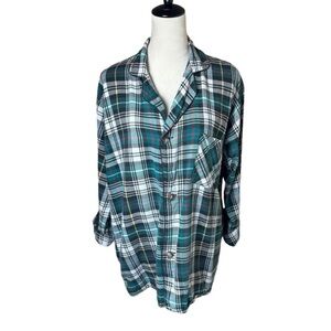 90s Vintage Hill & Archer Green Plaid Cotton Pajama Flannel Top Grunge Boyfriend